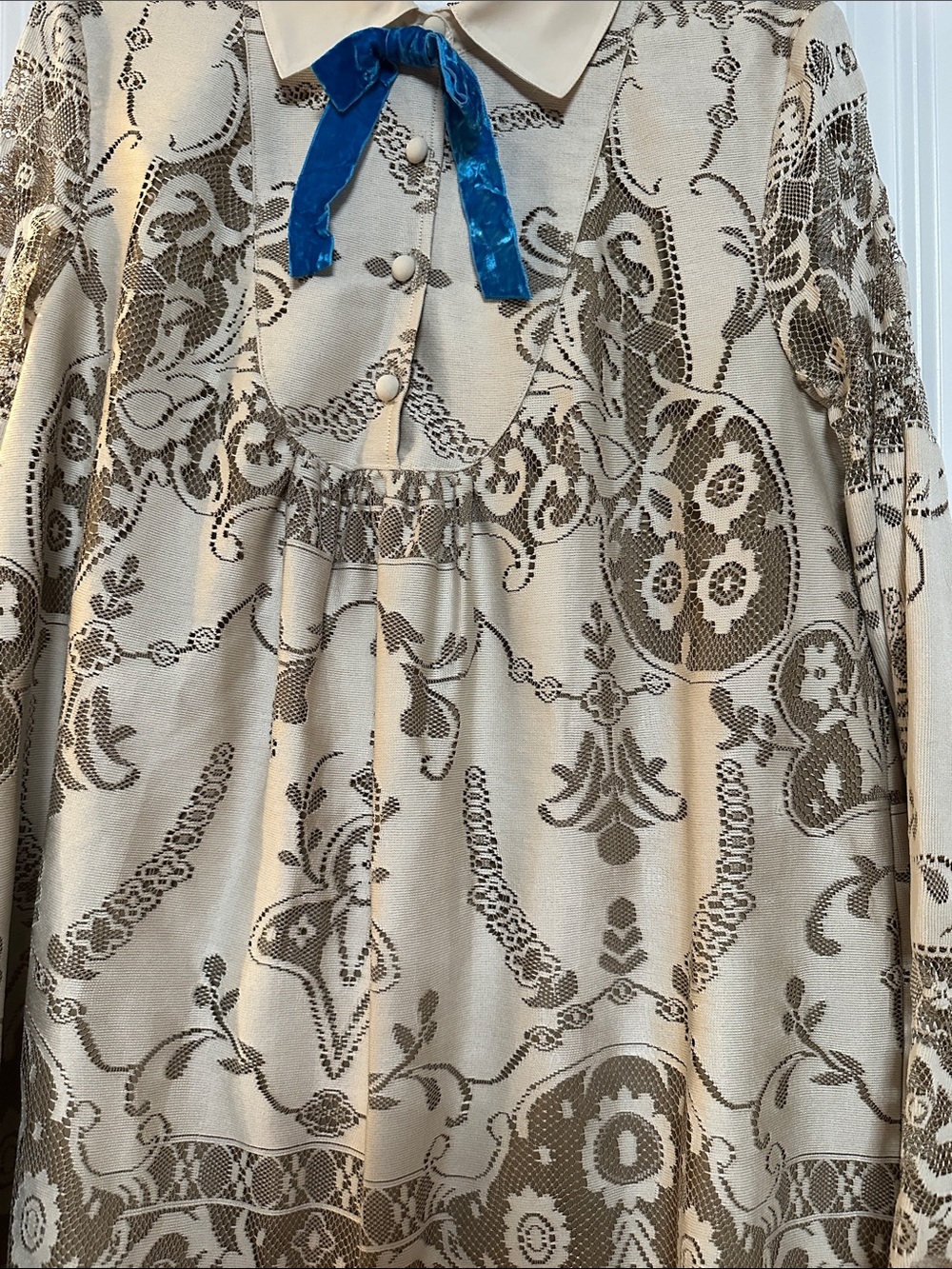 Anna Sui Cream and Brown Lace-Patterned Girls' Formal Dress with Blue Bow - Picture 3 of 4